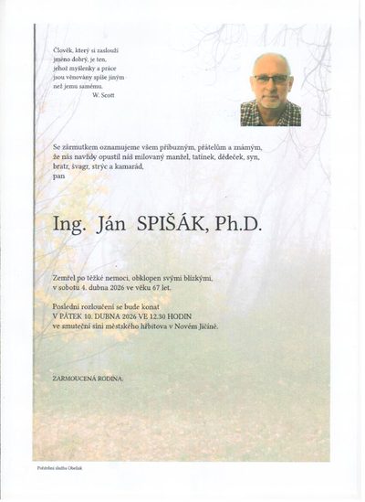 Smuteční oznámení – Ján Spišák, Ph.D.
