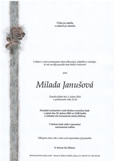 Smuteční oznámení – Milada Janušová