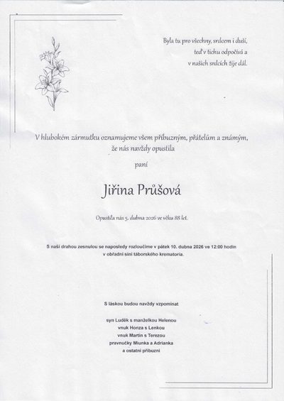 Smuteční oznámení – Jiřina Průšová