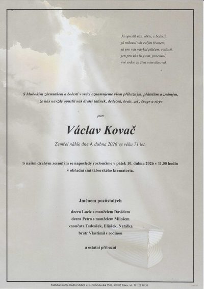 Smuteční oznámení – Václav Kovač