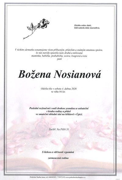 Smuteční oznámení – Božena Nosianová