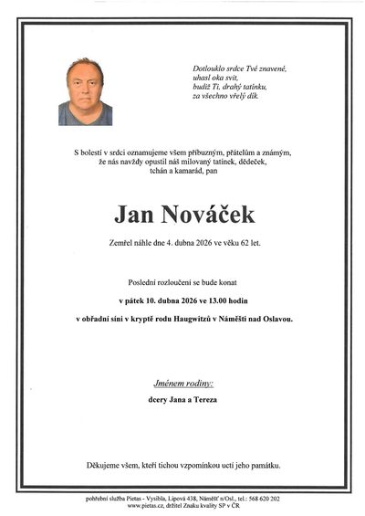 Smuteční oznámení – Jan Nováček