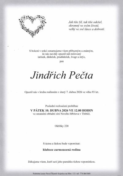 Smuteční oznámení – Jindřich Pečta