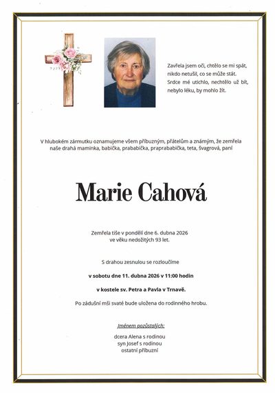 Smuteční oznámení – Marie Cahová