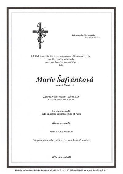 Smuteční oznámení – Marie Safránková