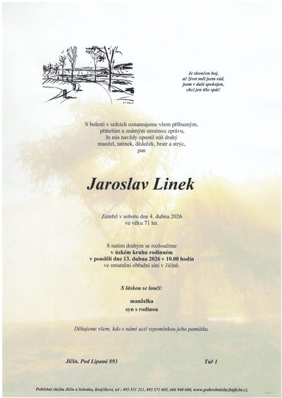 Smuteční oznámení – Jaroslav Linek
