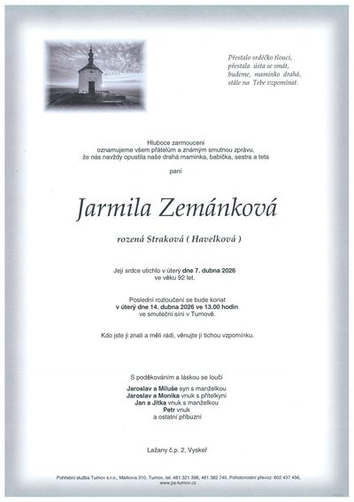 Smuteční oznámení – Jarmila Zemánková