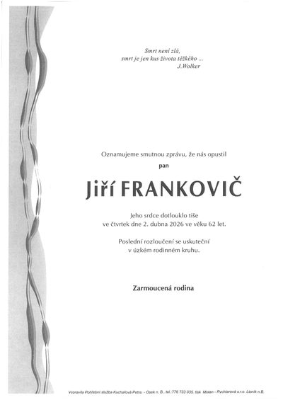 Smuteční oznámení – Jiří Frankovič