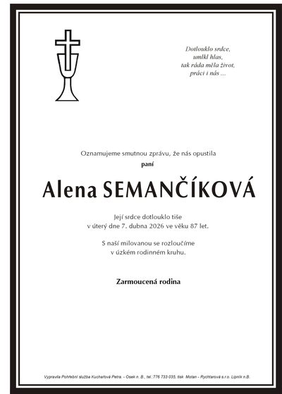 Smuteční oznámení – Alena Semančíková