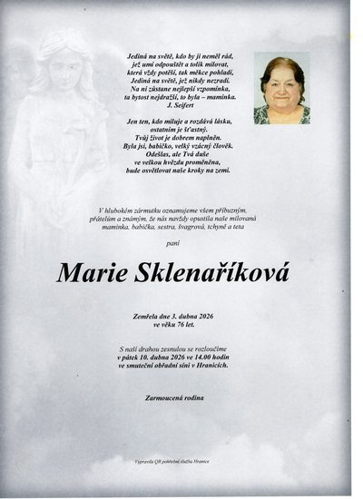 Smuteční oznámení – Marie Sklenaříková