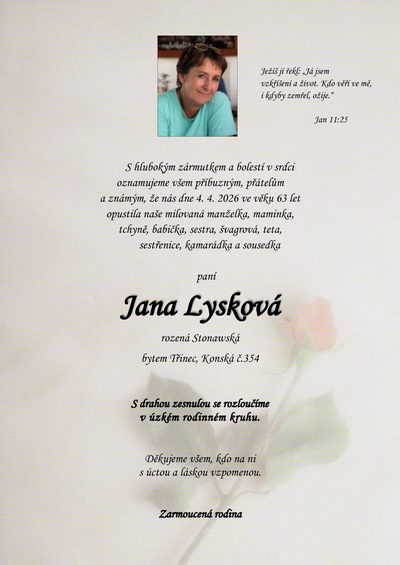 Smuteční oznámení – Jana Cysková