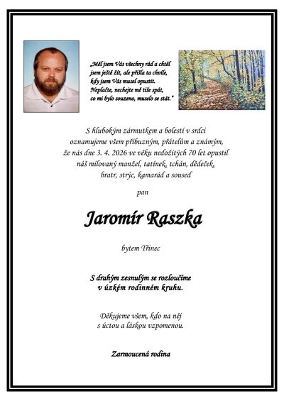 Smuteční oznámení – Jaromír Raszka
