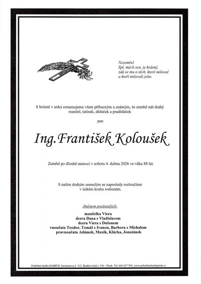 Smuteční oznámení – František Koloušek