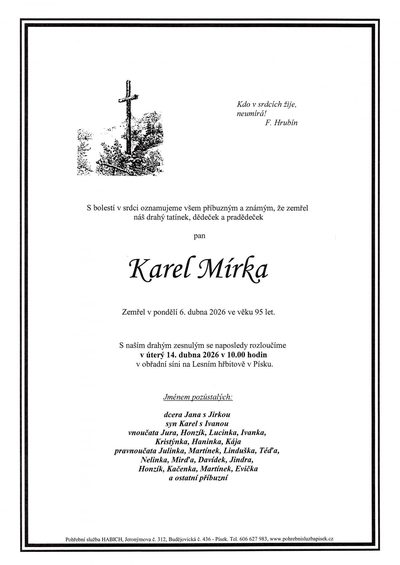 Smuteční oznámení – Karel Mírka