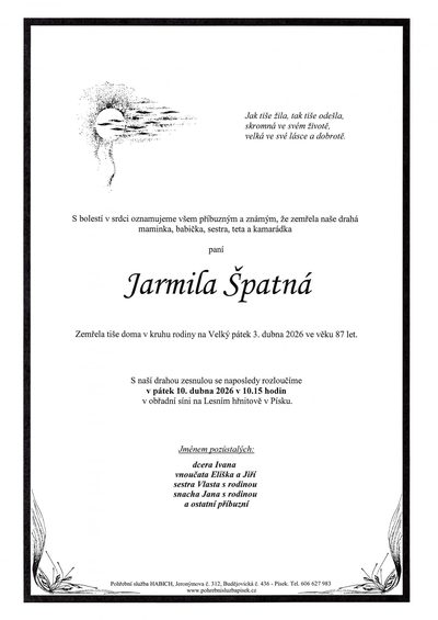 Smuteční oznámení – Jarmila Špatná