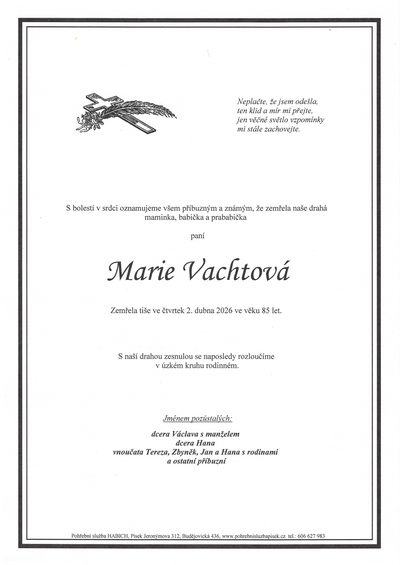 Smuteční oznámení – Marie Vachtová