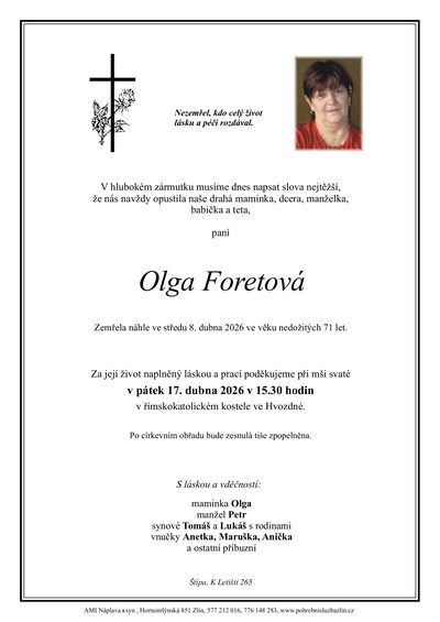 Smuteční oznámení – Olga Foretová