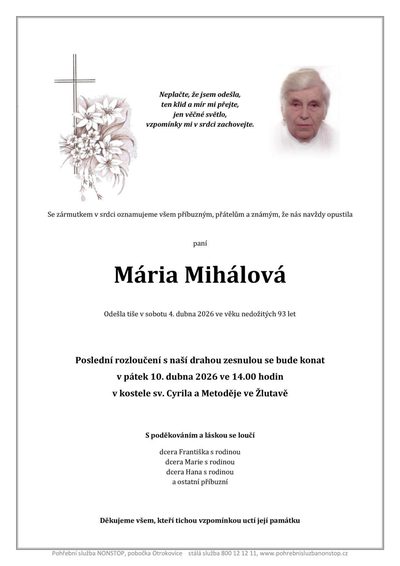 Smuteční oznámení – Mária Mihálová