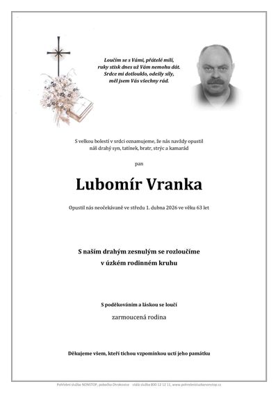 Smuteční oznámení – Lubomír Vranka