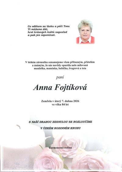 Smuteční oznámení – Anna Fojtíková