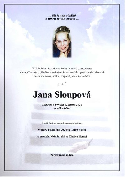 Smuteční oznámení – Jana Sloupová