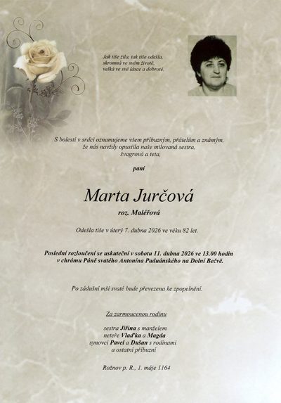 Smuteční oznámení – Marta Jurčová