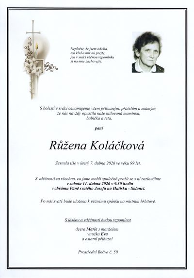 Smuteční oznámení – Růžena Koláčková