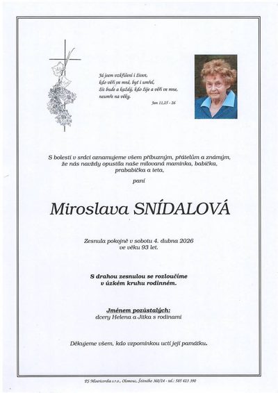 Smuteční oznámení – Miroslava Snídalová