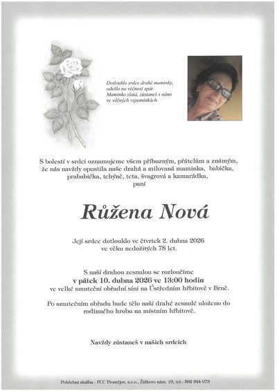Smuteční oznámení – Růžena Nová