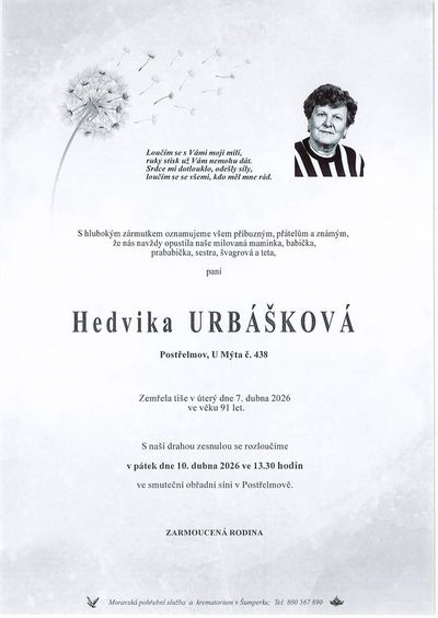 Smuteční oznámení – Hedvika Urbášková