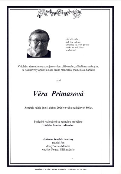 Smuteční oznámení – Véra Primasová