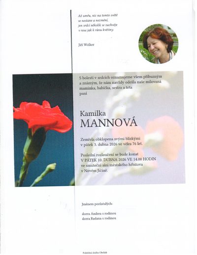 Smuteční oznámení – Kamilka Mannová