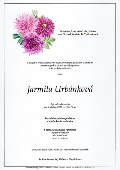 Smuteční oznámení – Jarmila Urbánková