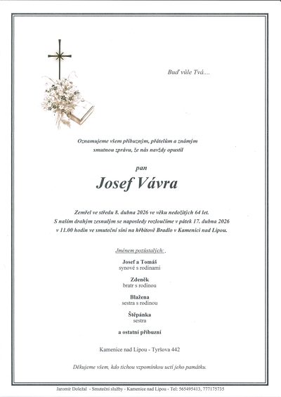 Smuteční oznámení – Josef Vávra