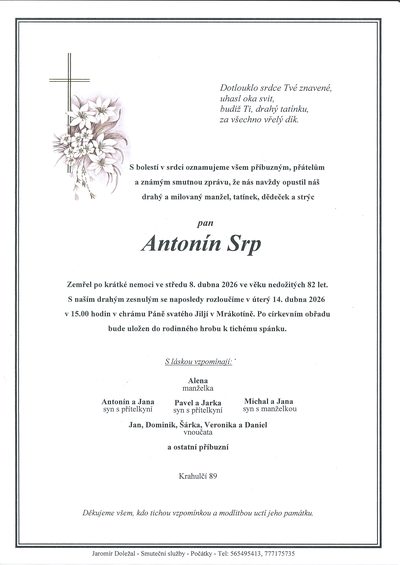 Smuteční oznámení – Antonín Srp