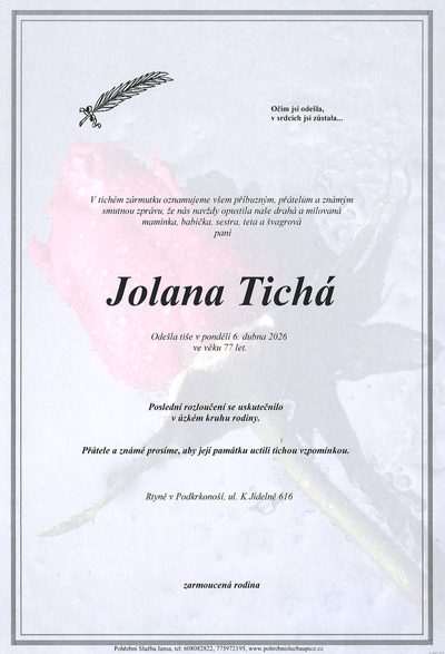 Smuteční oznámení – Jolana Tichá