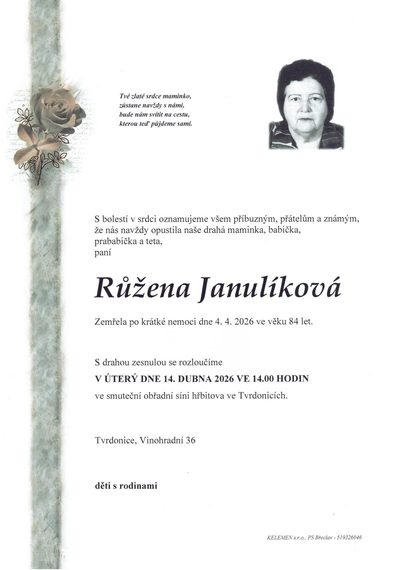 Smuteční oznámení – Růžena Janulíková
