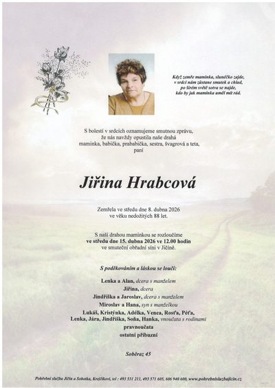 Smuteční oznámení – Jiřina Hrabcová