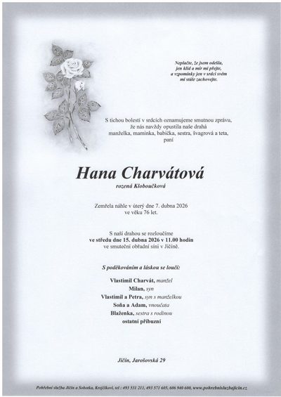 Smuteční oznámení – Hana Charvátová