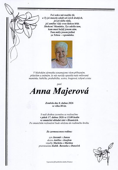 Smuteční oznámení – Anna Majerová