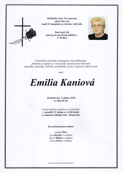 Smuteční oznámení – Emilia Kaniová