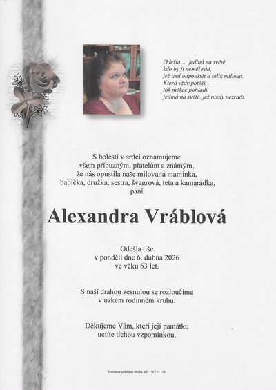 Smuteční oznámení – Alexandra Vráblová
