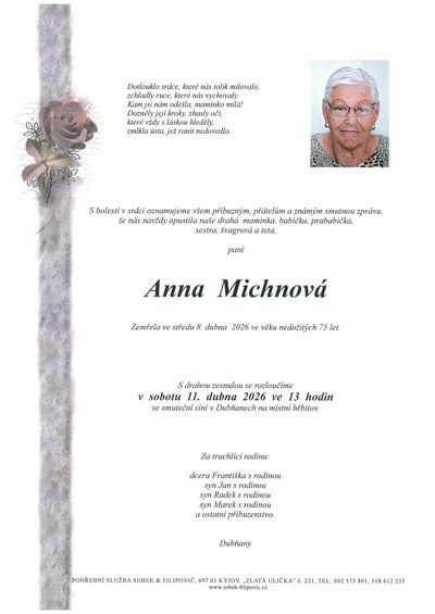 Smuteční oznámení – Anna Michnová