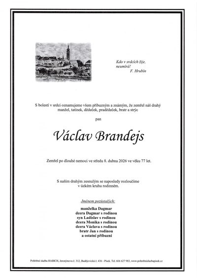 Smuteční oznámení – Václav Brandejs