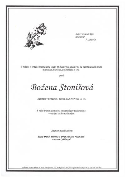 Smuteční oznámení – Božena Stonišová