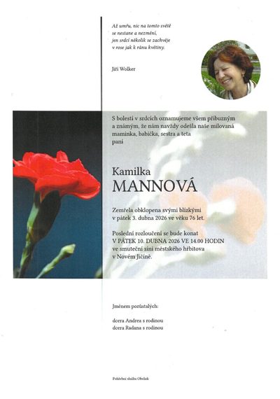 Smuteční oznámení – Kamilka Mannova