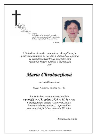 Smuteční oznámení – Marta Chroboczková