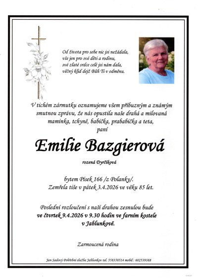 Smuteční oznámení – Emilie Bazgierová