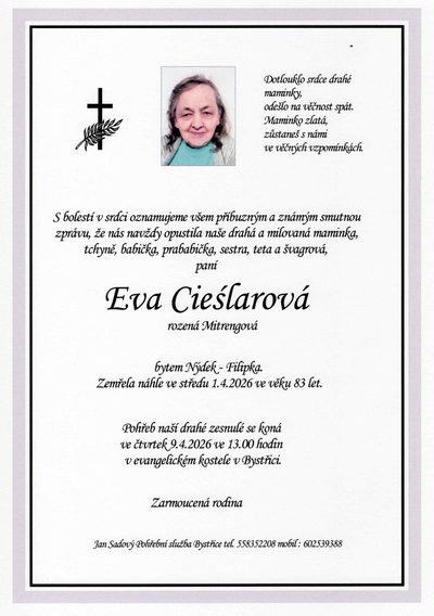 Smuteční oznámení – Fva Ciešlarová
