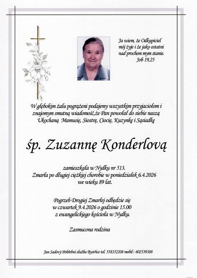 Smuteční oznámení – śp. Zuzanna Konderlova